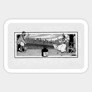 Artistic cyclists on a seesaw- vintage book illustration. Sticker